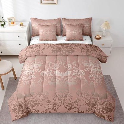 Erosebridal Gothic Damask Bed in a Bag King Size Comforter Set 7 Pieces,Halloween Bat Bedding Sets Light Pink Victorian Floral Goth Sheet Set with Comforter