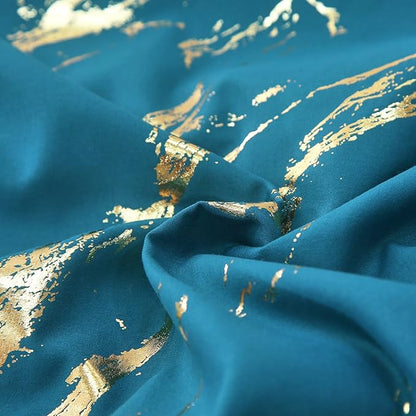 WONGS BEDDING Teal Gold Metallic Marble Comforter Set King Foil Print Glitter Bedding Sets with 2 Pillowcases for All Seasons, Soft Microfiber Filling Bedding Duvet Set 103"x90"