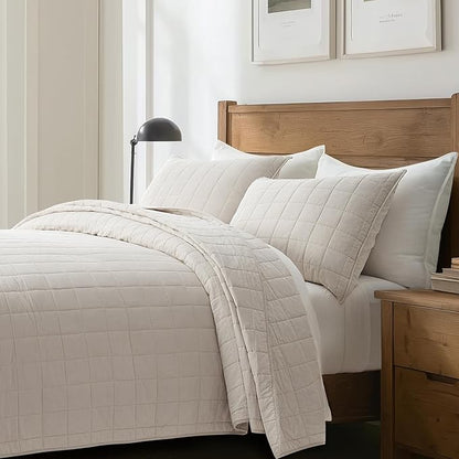 EVERGRACEHOME 100% Cotton Box Stitch Quilt Bedding Set Queen Size 3 Pieces, Garment-Washed Lightweight Soft Cozy Coverlet, Quilted Bedspread Sets with 2 Shams for All Season, Birch