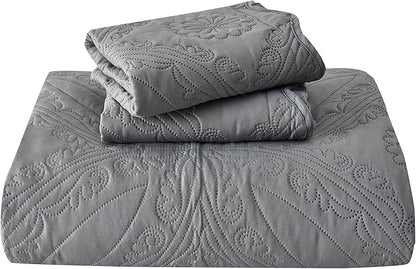 Kingnex Exta Wide Oversized King Bedspreads 128x120 for Tall King or Cal King Bed Ultrasonic Quilted Coverlet Set 3 Piece Include 1 Quilt 2 Pillowcases Grey