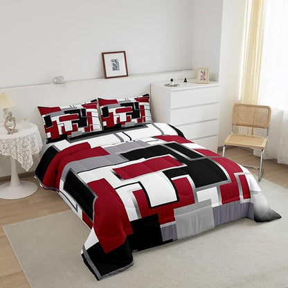 Erosebridal Modern Comforter Set Full Size,Black White Red Bedding Set for Teens Youth Adult,Geometric Plaid Square Quilt Set,Contemporary Artwork Duvet Insert with 2 Pillowcases