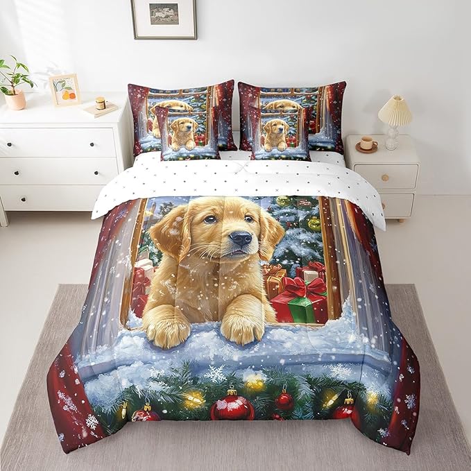Castle Fairy Cute Dog Puppy 7 Pieces Bedding Set King Bed in a Bag,Watercolor Christmas Trees Bell Comforter Set,Kids Happy New Year Gifts Soft Warm Microfiber Bedding