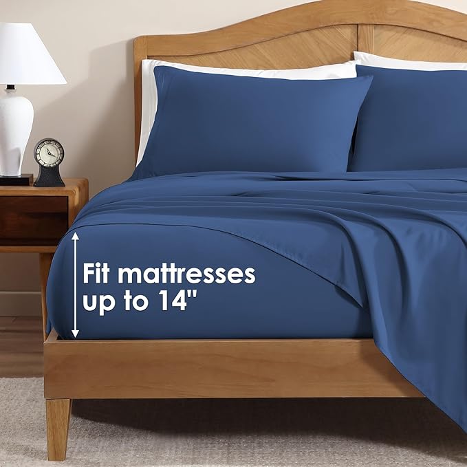 ClevaHome Sheet Set King Size, 4-Piece Bedding, Lightweight & Super Soft Easy Care Microfiber– Shrinkage & Fade Resistant Bedding Set with 14'' Deep Pockets (Navy Blue)