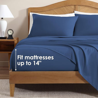 ClevaHome Sheet Set King Size, 4-Piece Bedding, Lightweight & Super Soft Easy Care Microfiber– Shrinkage & Fade Resistant Bedding Set with 14'' Deep Pockets (Navy Blue)