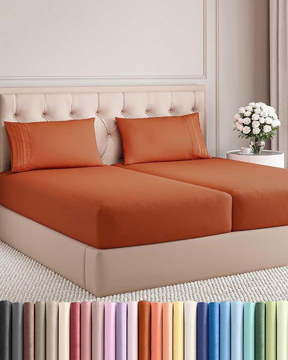 Split King Size 5 Piece Sheet Set - Comfy Breathable & Cooling Bed Sheets Set - Hotel Luxury Bedding for Women, Men, Kids, Teens, Boys & Girls - Deep Pockets and Wrinkle Free - Oeko-Tex - Terracotta