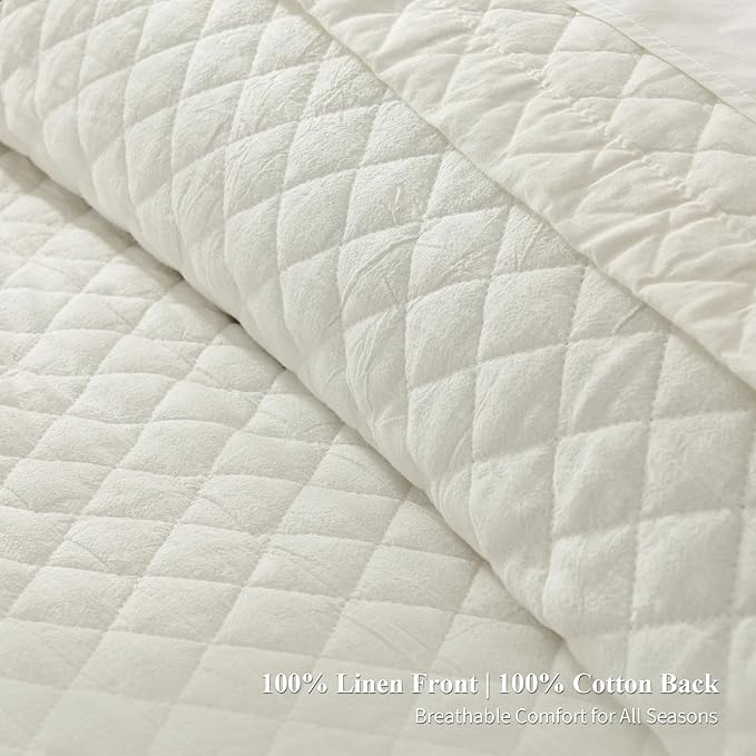 Grassix Linen Quilt Set Queen Size 3-Piece, 100% Linen Front & Cotton Back, Prewashed Diamond Stitch Bedspread with 2 Shams, Lightweight Breathable Quilt for Hot Sleepers, Modern Farmhouse Bedding