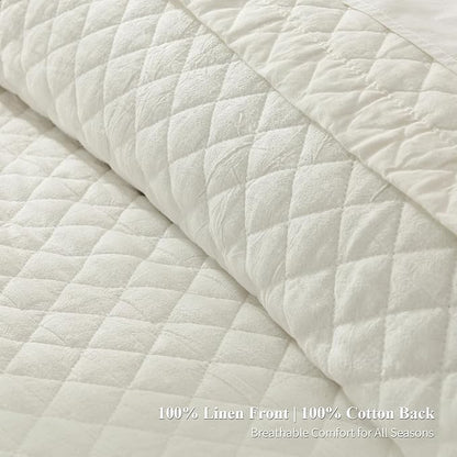 Grassix Linen Quilt Set Queen Size 3-Piece, 100% Linen Front & Cotton Back, Prewashed Diamond Stitch Bedspread with 2 Shams, Lightweight Breathable Quilt for Hot Sleepers, Modern Farmhouse Bedding