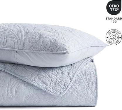 EVERGRACE 100% Cotton Paisley Quilt Set, King Size 3 Piece Set – Prewashed Lightweight Bedspread with 2 Shams, Soft & Breathable Matelasse Coverlet for All-Season Comfort, Pearl Blue