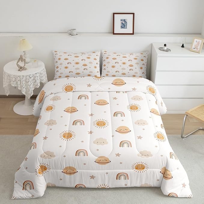 Erosebridal Girls Rainbow Comforter Set Kids Sun and Stars Quilt Full Children Kawaii Planets Clouds Comforters & Sets Girly Cartoon Theme Bedding Set Iridescent Print Down Comforter + 2 Pillowcases