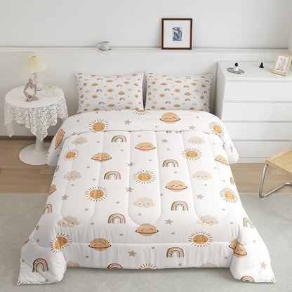 Erosebridal Girls Rainbow Comforter Set Kids Sun and Stars Quilt Full Children Kawaii Planets Clouds Comforters & Sets Girly Cartoon Theme Bedding Set Iridescent Print Down Comforter + 2 Pillowcases