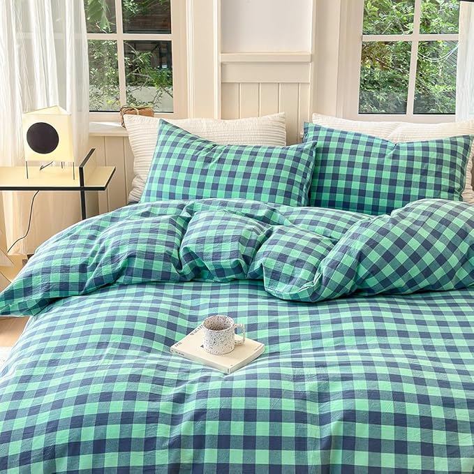 FACE TWO FACE Bedding Duvet Cover Set100% Washed Cotton Duvet Cover Linen Like Textured Breathable Durable Soft Comfy (Twin, Blue Green Grid)