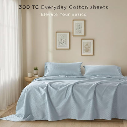 Threadmill Cotton Queen Sheet Set - 100% Cotton Damask Jacquard Sheets With 16" Deep Pocket - Soft Sateen Weave 4-Piece Cooling Bedding for Queen Size Bed - Blue