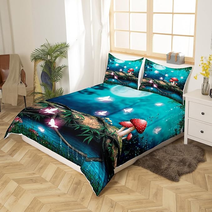 Red Mushroom Full Size Duvet Cover,Moon Night Sky Jungle Bedding Set 3pcs for Kids Teens,Magical Butterfly Cartoon Plant Comforter Cover Soft Quilt Cover Bedroom Decor Bedspread,No Comforter