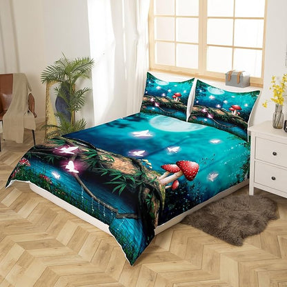 Red Mushroom Duvet Cover King Size,Moon Night Sky Jungle Bedding Set 3pcs for Teens Adults,Magical Butterfly Cartoon Plant Comforter Cover Soft Quilt Cover Bedroom Decor Bedspread,No Comforter