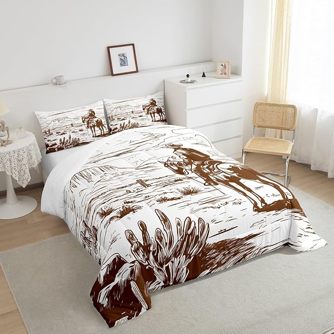Western Comforter Set Queen, Farmhouse Cowboy Bedding Set Western Bedding, Country Southwest Desert Down Comforter, American Wild Cactus Duvet Insert, Vintage Hand Drawn Print 3Pcs Quilt for Boys Men
