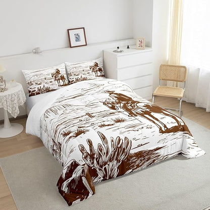 Western Comforter Set Queen, Farmhouse Cowboy Bedding Set Western Bedding, Country Southwest Desert Down Comforter, American Wild Cactus Duvet Insert, Vintage Hand Drawn Print 3Pcs Quilt for Boys Men