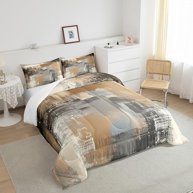 Erosebridal Graffiti Grunge Comforter Set,Brown Grey Tie Dyed Bedding Sets for Women Men,Hand Painted Watercolor Duvet Insert Lightweight,Ombre Oil Painting Down Comforter with 1 Pillowcase Warm,Twin