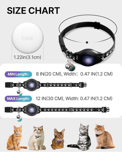 Cat Tracker Collar with Finder Tag - Waterproof Airtag Cat Collar, Black | Breakaway Tractive with Reflective Pattern & Bell, 8-12", Compatible with Apple Find My (iOS ONLY Not for Android Devices)