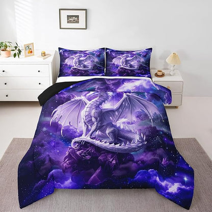 3D Dragon Comforter Set King Size,Galaxy Starry Sky Bedding Set for Kids Boys Girls Room Decor,Glitter Nebula Outer Space Duvet Insert 3Pcs,Western Magical Animal Purple Quilt Set,2 Pillowcases