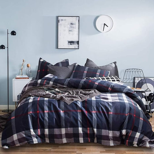 Houseri Navy Plaid Comforter Set King Dark Blue Grid Bedding Sets King Size Men Classic Navy Buffalo Checkered Bed Sets Tartan Gingham Deep Color Checks Quilt Blanket King