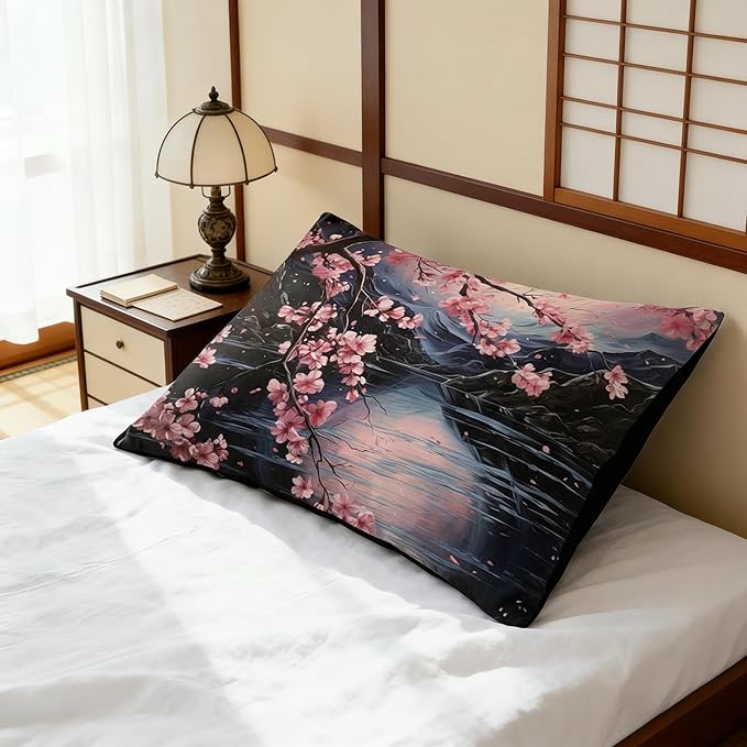 Japanese Cherry Blossoms Comforter Set King Size, Pink Black Farmhouse Country Bedding Set for Adult Women, 3Pcs Soft Microfiber Quilted Set with 2 Pillowcases, 104"x90"