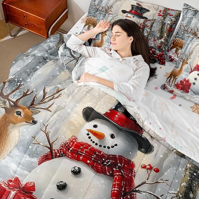 Castle Fairy Winter Snowman Comforter Set King Size 7 Pcs,Merry Christmas Theme Bedding Set for Girls Teens Bedroom Decor,Wild Breds Trees Deer Bed in a Bag with Comforter,Sheets and Pillow Cases