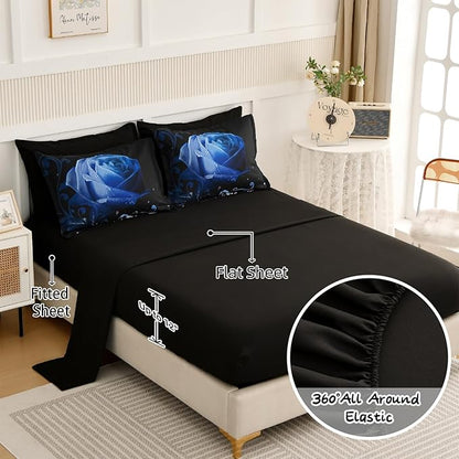 Xruibed Floral Comforter Queen Blue Bed in a Bag Rose Water Droplets Design 7PCs Comforter Set Soft Micorfiber Bedding Set (1 Comforter,2 Pillow Shams,1 Flat Sheet,1 Fitted Sheet,2 Pillowcases)