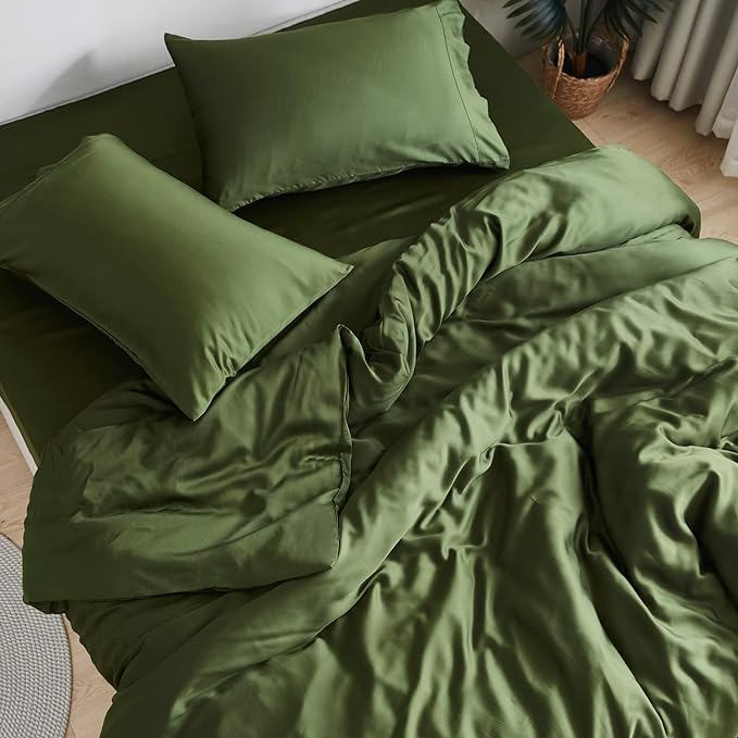 DOZ Sheet Set, 100% Viscose derived from Bamboo, Organically Grown, Buttery Soft, Cooling Sheets, High GSM, Deep Pockets - 4 Piece - 2 Pillowcases 1 Fitted 1 Top Sheet (Forest, Queen)