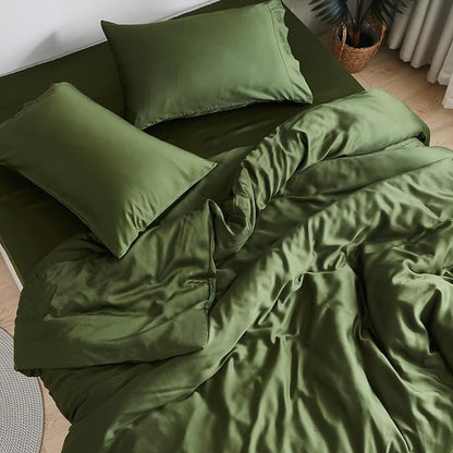 DOZ Sheet Set, 100% Viscose derived from Bamboo, Organically Grown, Buttery Soft, Cooling Sheets, High GSM, Deep Pockets - 4 Piece - 2 Pillowcases 1 Fitted 1 Top Sheet (Forest, Queen)
