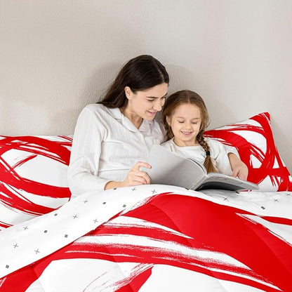 Red and White Abstarct Comforter Set Twin Size for Kids Boys Girs,Graffiti Stripes Lines Bedding Set,Aesthetic Geometric Duvet Insert for Minimalists,Contemporary Boho Modern Art Quilt