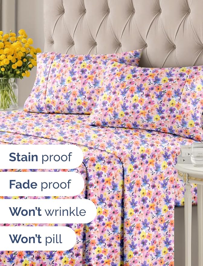 Floral Sheets - Flower Print Bed Sheet Set - 1 Flat, 1 Fitted & 2 Pillowcases w/ Deep Pockets - Comfy, Cozy, Wrinkle & Fade Free - Boho Botanical Bedding - Soft, Breathable & Cooling - Full Size Set