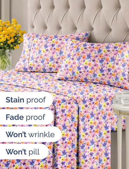 Floral Sheets - Flower Print Bed Sheet Set - 1 Flat, 1 Fitted & 2 Pillowcases w/ Deep Pockets - Comfy, Wrinkle & Fade Free - Boho Botanical Bedding - Soft, Breathable and Cooling - Cal King Size Set