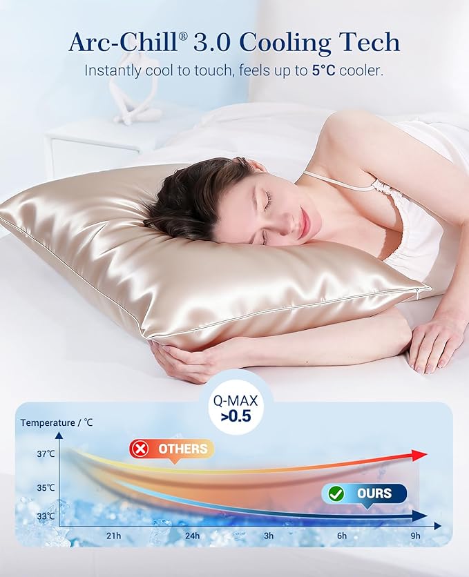Elegear Cooling Pillow Cases for Hot Sleepers, Upgraded Arc-Chill Cooling Satin Pillowcases Q-max>0.5, Similar to Silk Pillow Cases for Hair & Skin, Luxury Zipper Pillowcase Set of 2-Queen,Champagne