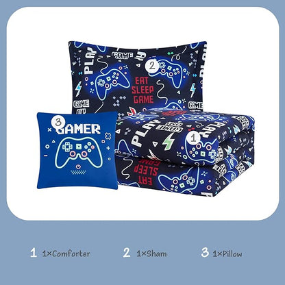 Kids Comforter Set Twin Size for Boys, Glow in The Dark Gamer Bedding Set 1 Comforter, 1 Decor Pillow, 1 Pillow Sham, Twin XL Comforter Set
