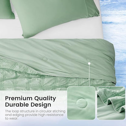 Cozy Bliss Cooling Comforter Seersucker Plaid Twin XL Size, Q-Max 0.45 Lightweight Cooling Blanket, Breathable Silk Smooth Summer Bedding Quilt for Hot Sleepers Night Sweats Sage Green