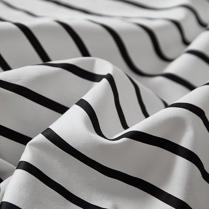 JELLYMONI 100% Natural Cotton 3pcs Striped Duvet Cover Sets, White Duvet Cover with Thick Black Stripes Pattern Printed Comforter Cover, with Zipper Closure & Corner Ties(King Size)