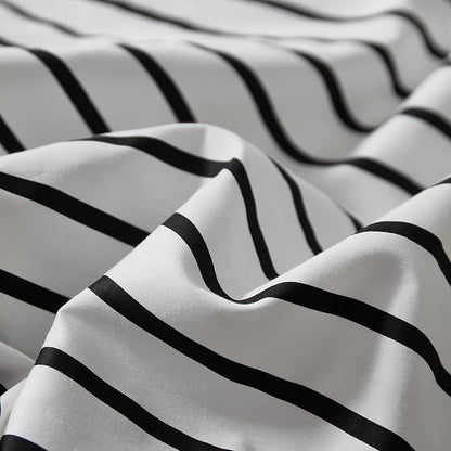 JELLYMONI 100% Natural Cotton 2pcs Striped Duvet Cover Sets, White Duvet Cover with Thick Black Stripes Pattern Printed Comforter Cover, with Zipper Closure & Corner Ties(Twin Size)