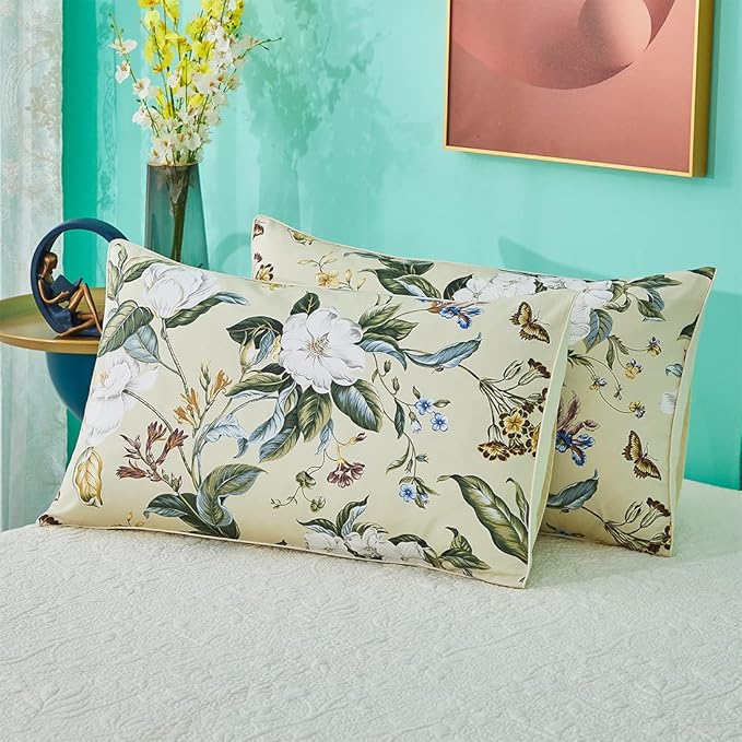WINLIFE 100% Cotton Pillowcases Green Leaf Pattern Printed Pillow Cases Queen Size Pillow Cover Set of 2 (Queen 20x30'', Farmhouse Leaves)