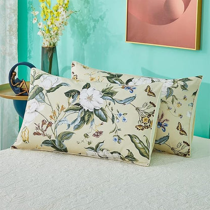 WINLIFE 100% Cotton Pillowcases Green Leaf Pattern Printed Pillow Cases Queen Size Pillow Cover Set of 2 (Queen 20x30'', Farmhouse Leaves)