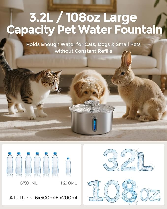 Invengo Cat Water Fountain Stainless Steel, 3.2L/108oz Pet Drinking Fountain for Cats Dogs, Automatic Cat Fountain with 2 Flow Modes, Splash-Proof Bowl, Includes 8 Replacement Filters