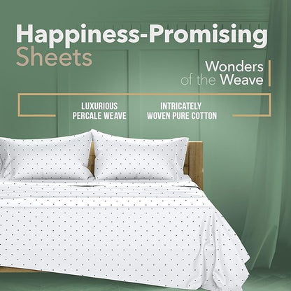 TEXAS LINEN CO. 100% Organic Cotton Printed Sheets California King Size - 4 PC Organic Cotton Cal King Percale Weave Sheet Set, Soft, Cooling & Crisp, 16" Deep Pocket - Polka Dot - Navy