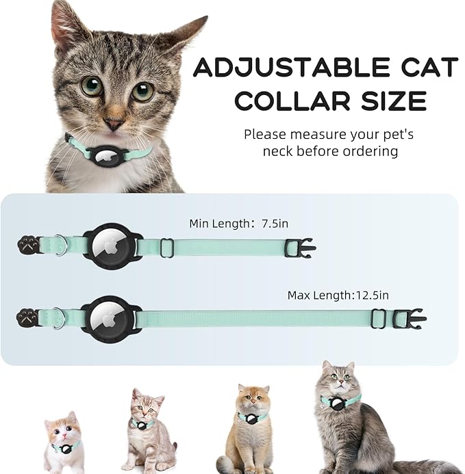 AirTag Cat Collars, Stretchy Collar with AirTag Holder and Bell | Breakaway - Ultra Design Elastic - GPS Tracking Collars - Adjustable Size for Cats & Puppies 7.5-12.5" - (Green)
