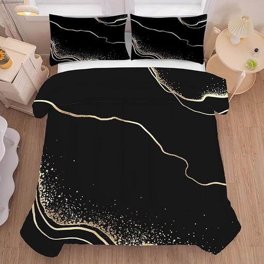 Marble Comforter Set Full/Queen Size Black and Gold Bedding for Girls Teen Women Men Bedroom Decor Texture Luxury Marbling Quilt Bed Sets, 1 Comforter 2 Pillowcases
