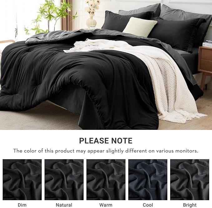 MUXHOMO 7 Pieces Full Comforter Set, Soft Bed in a Bag Full Size, All Season Bedding Set with Comforter, Flat Sheet, Fitted Sheet, Pillowcases & Shams, Black & Grey