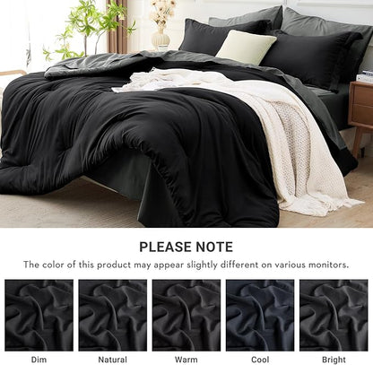 MUXHOMO 7 Pieces Full Comforter Set, Soft Bed in a Bag Full Size, All Season Bedding Set with Comforter, Flat Sheet, Fitted Sheet, Pillowcases & Shams, Black & Grey