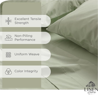 Linen Home 100% Cotton Percale Sheets Full Size, Sage, Deep Pocket, 4 Pieces Set - 1 Flat, 1 Deep Pocket Fitted Sheet and 2 Pillowcases, Crisp Cool and Strong Bed Linen
