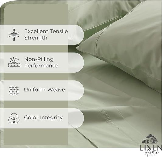 Linen Home 100% Cotton Percale Sheets King Size, Sage, Deep Pocket, 4 Pieces Set - 1 Flat, 1 Deep Pocket Fitted Sheet and 2 Pillowcases, Crisp Cool and Strong Bed Linen