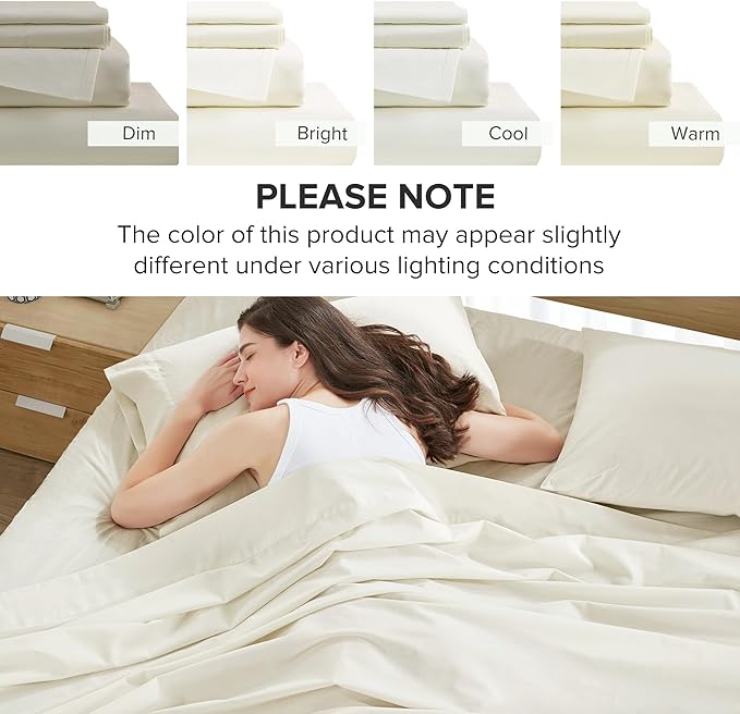 Comfort Spaces 100% Cotton Sheets King, Breathable & Ultra Soft Cotton Sheets, Naturally Cool Cotton Bed Sheets with 14" Elastic Pocket Fits up to 16" Mattress, All Season Sheet Set, Ivory 4 Piece