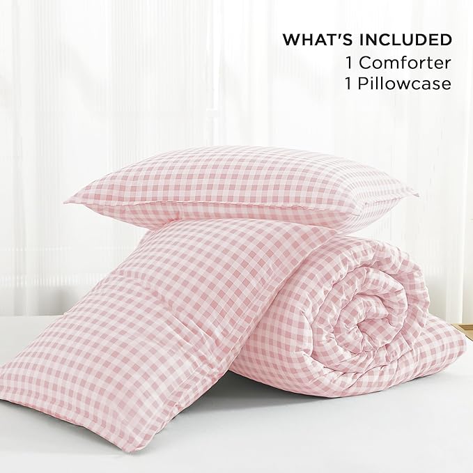 Andency Pink Gingham Comforter Set Twin(66x90Inch), Blush Checkered Grid Plaid Buffalo Bed Set for Girls Boys Kids Teens, 2 Pieces Lightweight Polyester Geometric Preppy Bedding