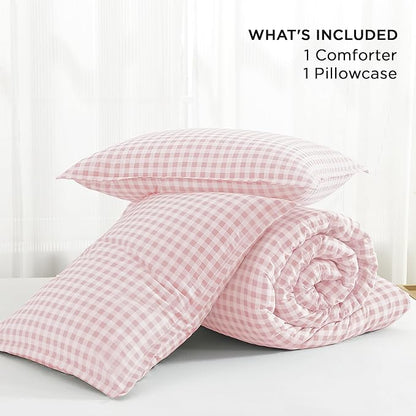 Andency Pink Gingham Comforter Set Twin(66x90Inch), Blush Checkered Grid Plaid Buffalo Bed Set for Girls Boys Kids Teens, 2 Pieces Lightweight Polyester Geometric Preppy Bedding
